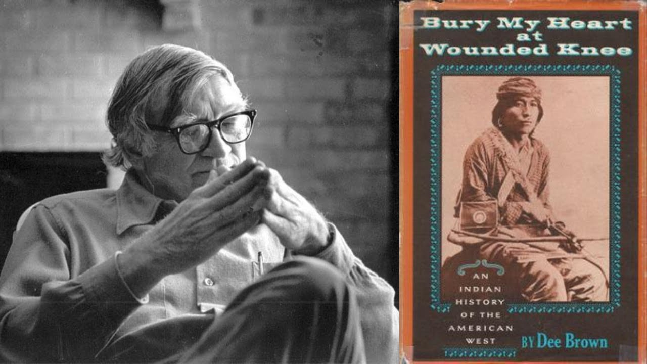 Photo: Dee Btown sitting in a chair, facing right, hands steepled in front of his face. Black and white. Displayed next to the cover of his book, Bury My Heart at Wounded Knee.