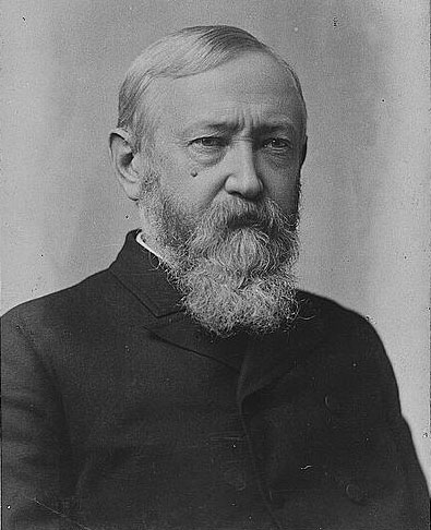 Photo: Benjamin Harrison, head-and-shoulders portrait, facing right.