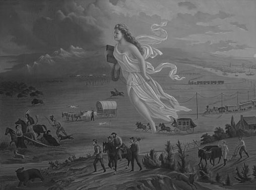 Illustration: Print shows an allegorical female figure of America leading pioneers westward, as they travel on foot, in a stagecoach, conestoga wagon, and by railroads, where they encounter Native Americans and herds of bison.