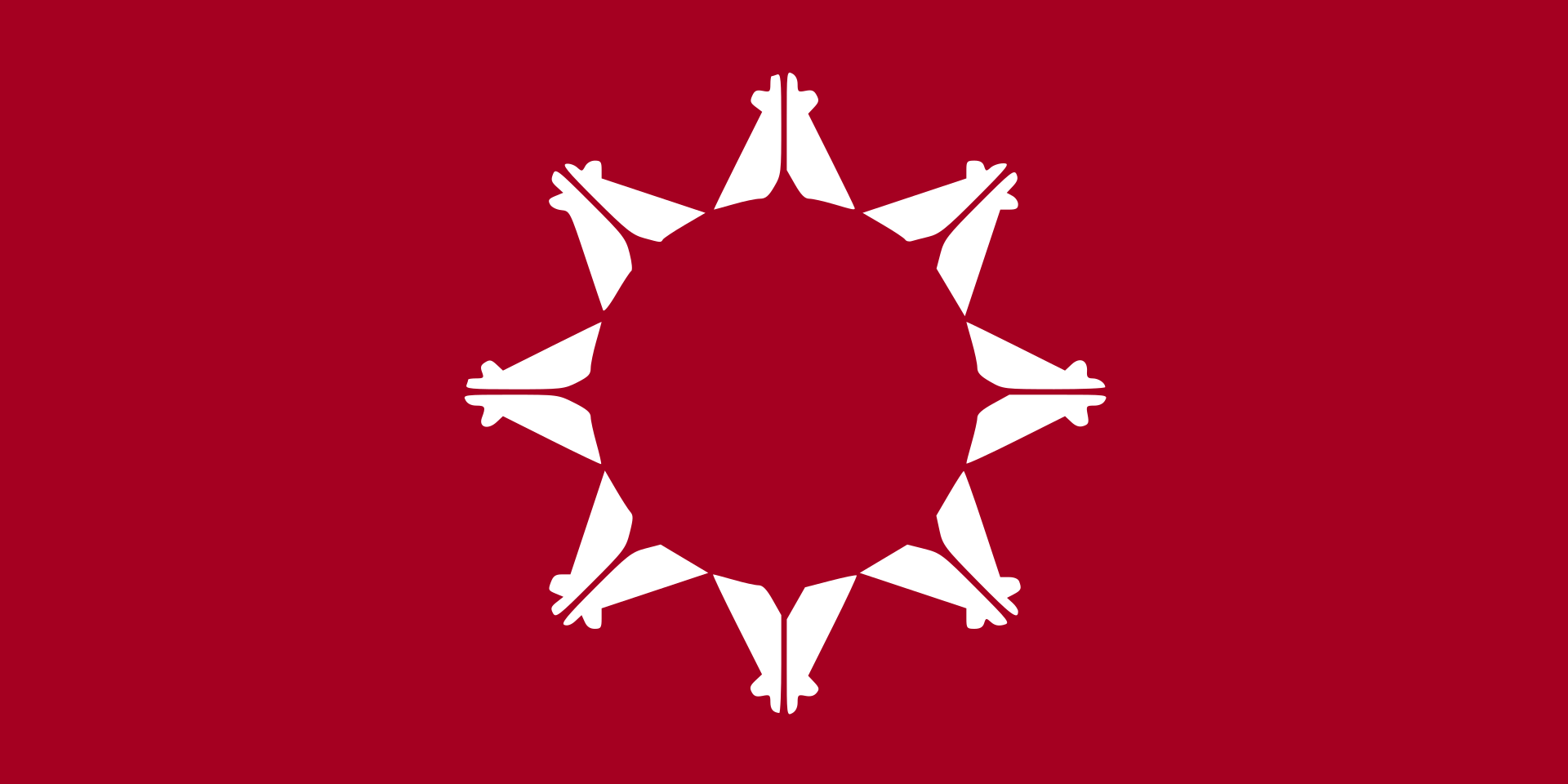 Flag of the Oglala Sioux. A white star comprised of teepees pointed outward, situated on a red background.