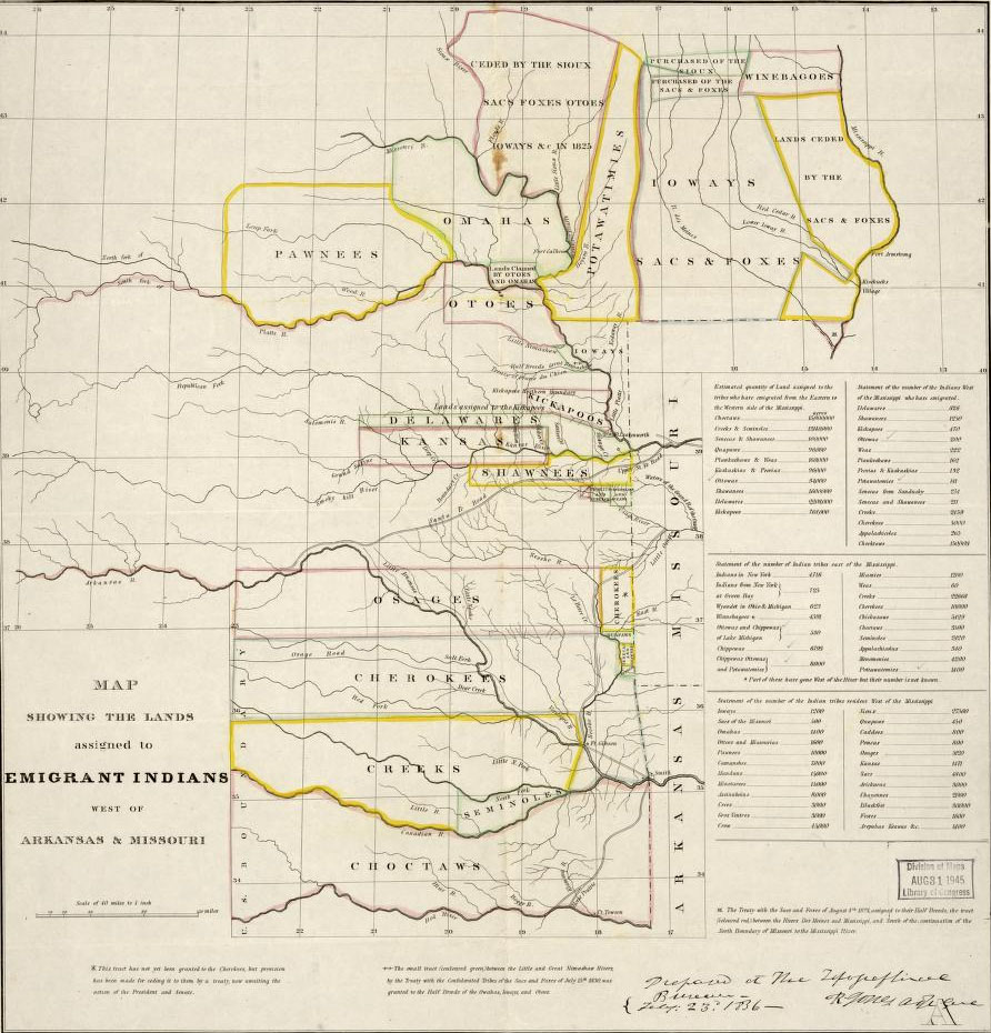 Map showing the lands assigned to emigrant Indians west of Arkansas and Missouri.
