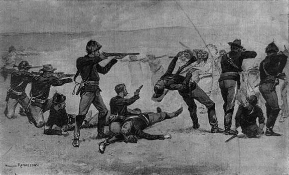 Illustration: Seventh Cavalry in battle with Indians.